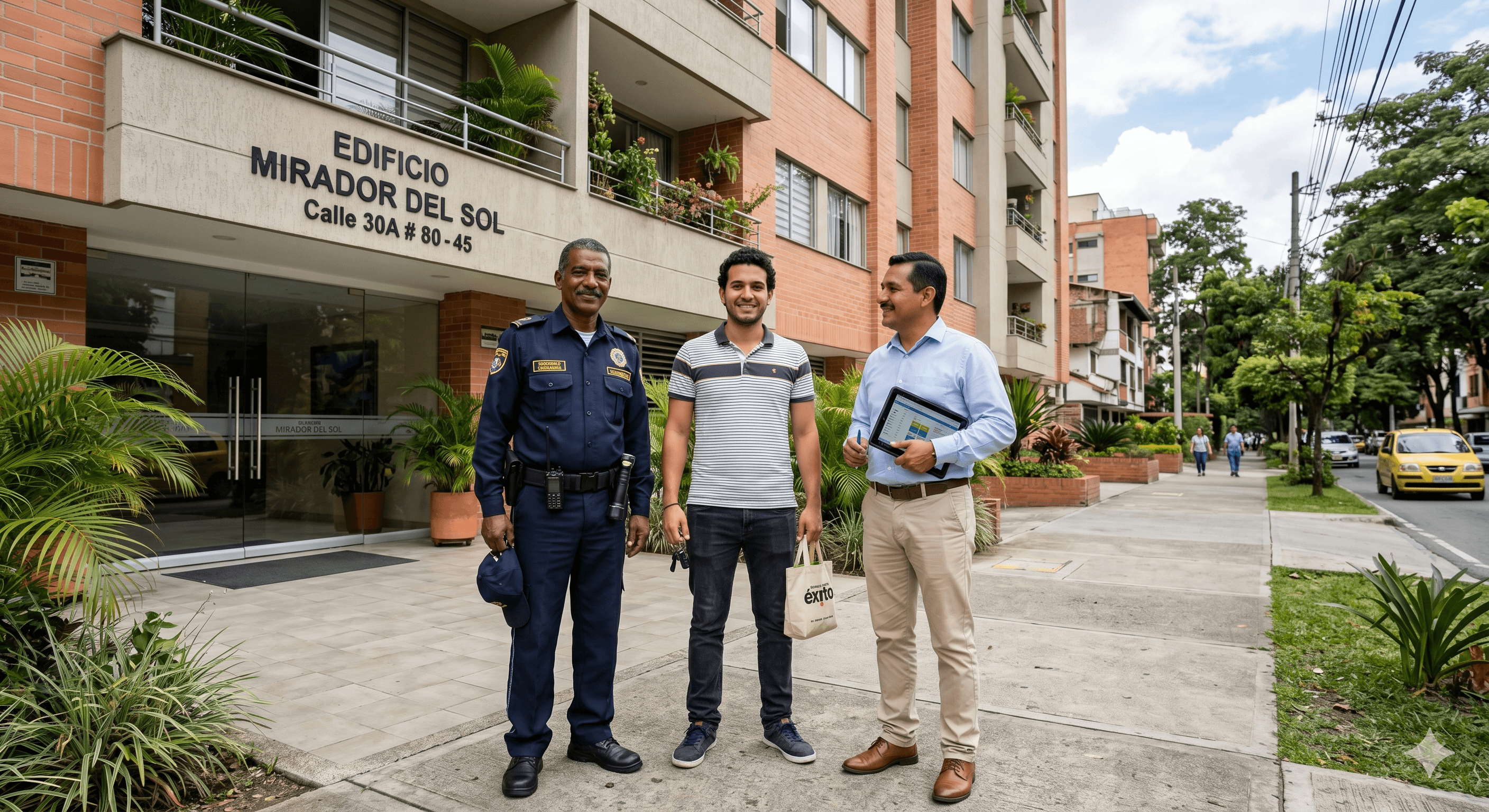 Vigilante, residente y administrador a la entrada del edificio Mirador del Sol
